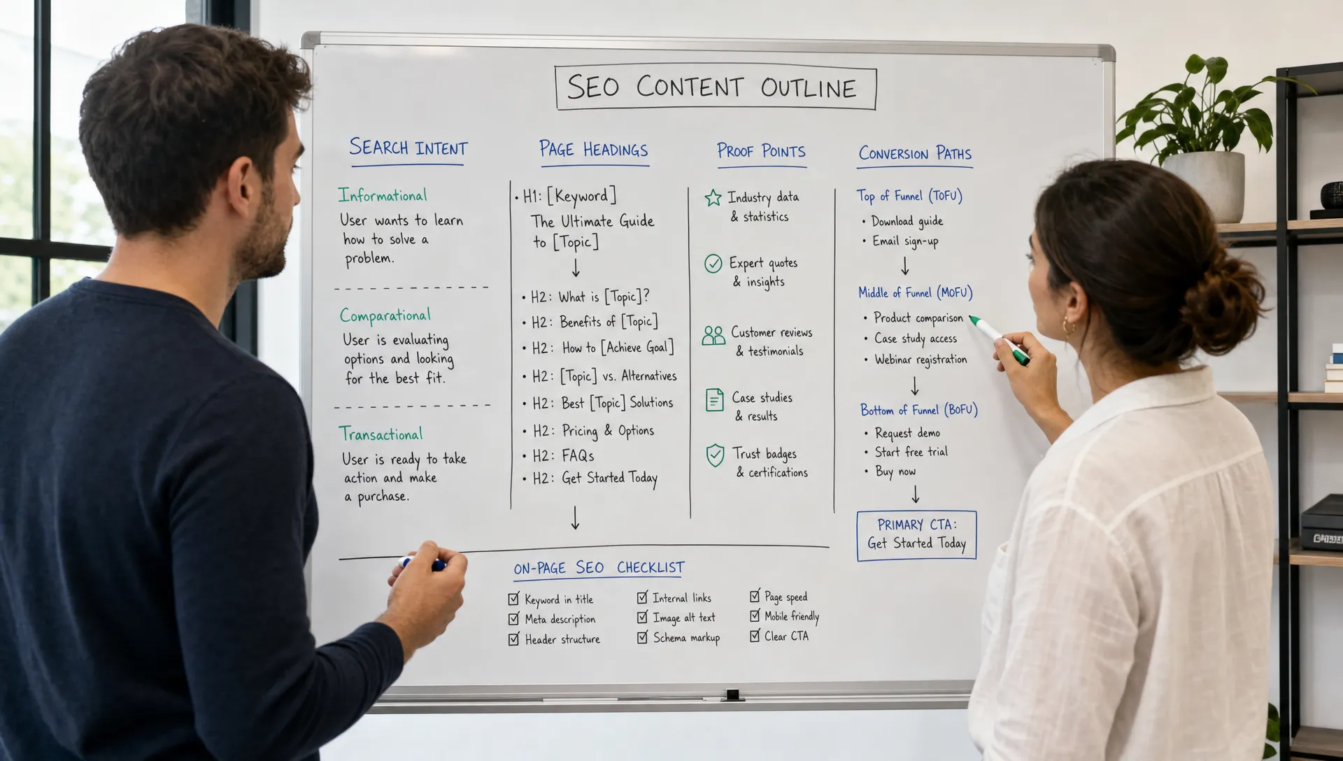 Two marketers review a whiteboard outline with search intent, page headings, proof points, and conversion paths for SEO content.