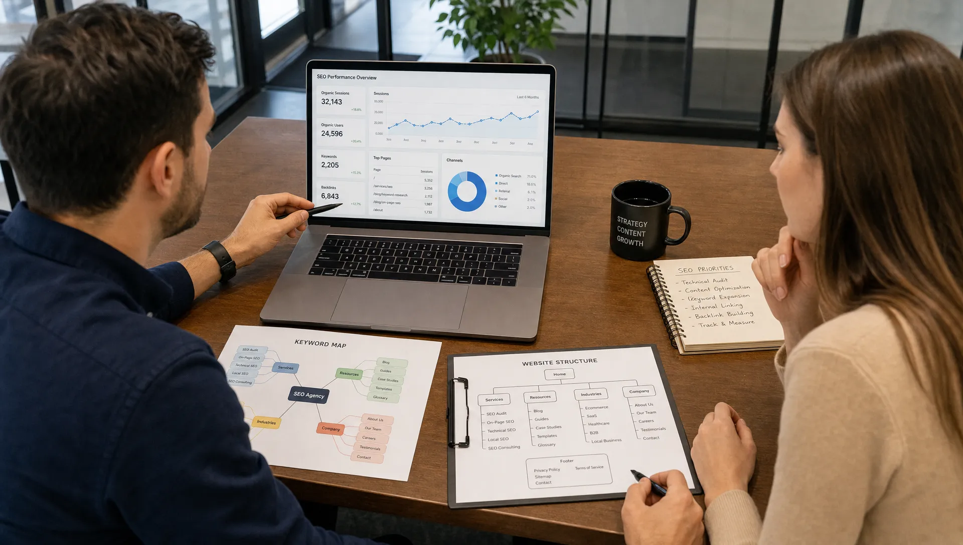 Two marketers review an SEO performance dashboard, a keyword map, and website structure notes on a conference table.