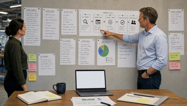 Two professionals review search queries, ad notes, and lead markers beside a campaign flow for SEO and online marketing.