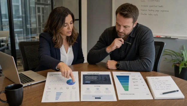 Two teammates review a search report, landing page draft, and pipeline summary during a B2B lead-quality meeting.