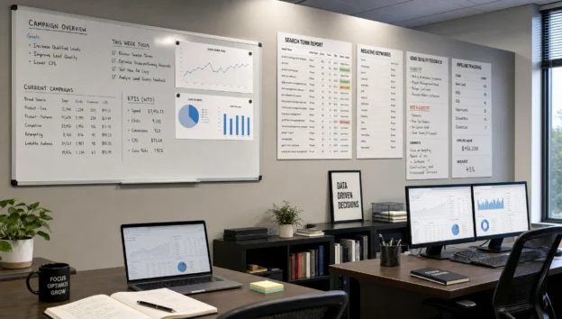 A B2B marketing operations room displays PPC reports, lead quality notes, and pipeline tracking sheets.