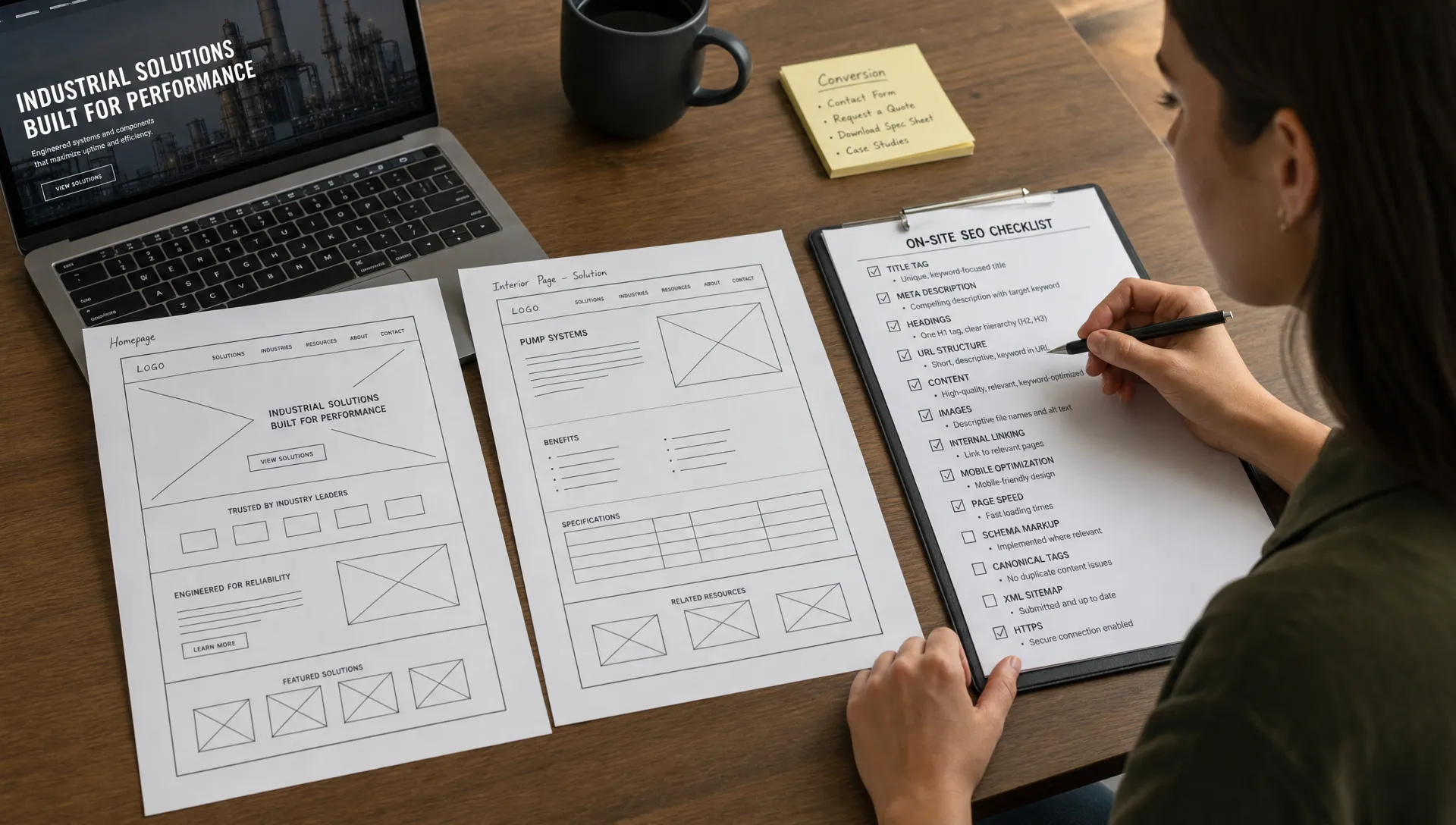 A B2B marketing specialist reviews an on-site SEO checklist beside website wireframes, headings, and conversion notes for an industrial website.