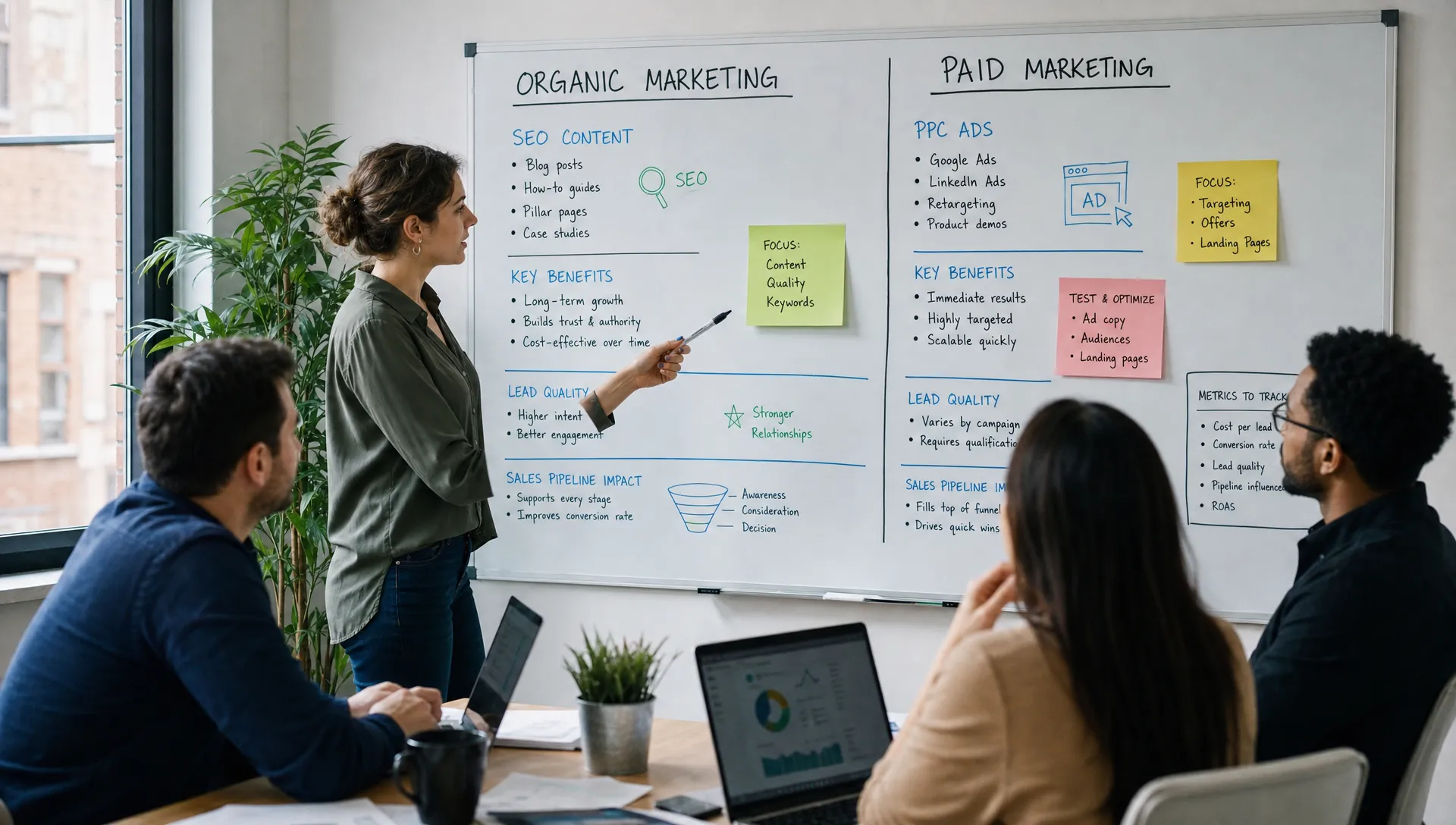 A B2B marketing team compares organic and paid marketing plans on a planning board with SEO content, PPC ads, lead quality notes, and sales pipeline updates.