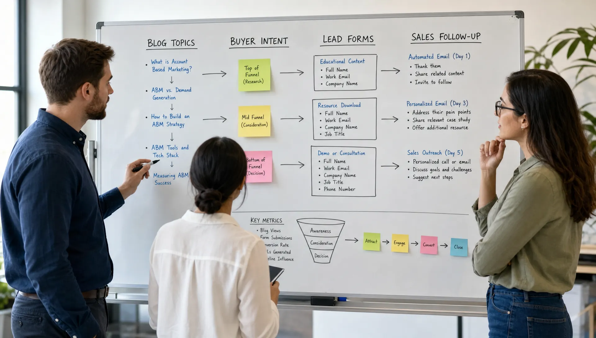 A B2B marketing team maps blog topics, buyer intent, lead forms, and sales follow-up on a whiteboard.