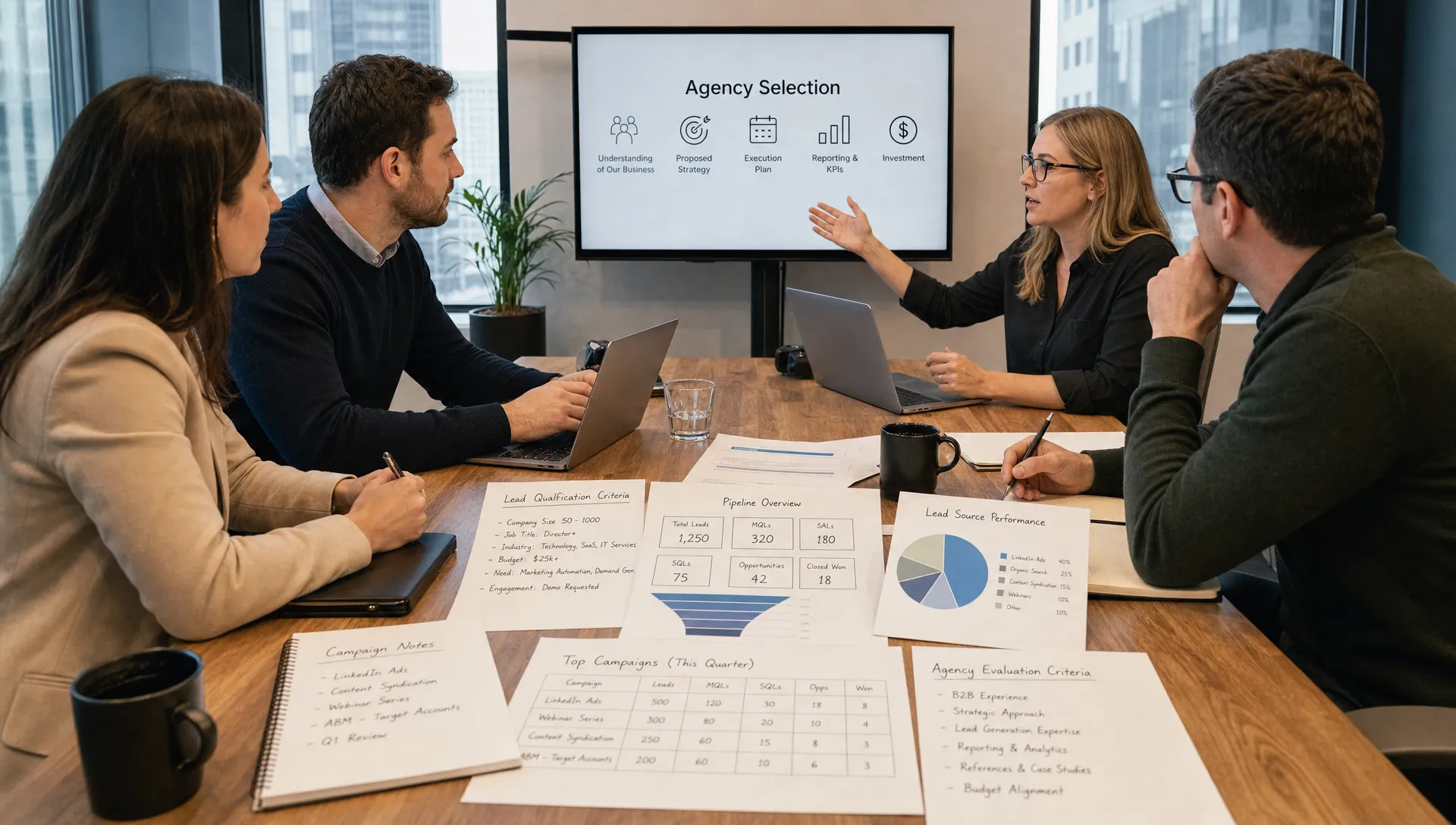 A B2B marketing team reviews lead qualification criteria, campaign notes and pipeline metrics on a conference table during an agency selection meeting.