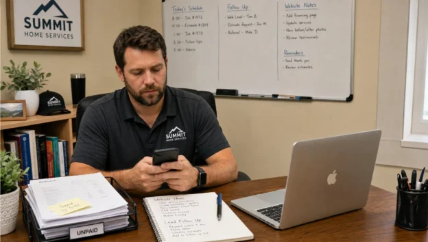 A business owner follows up on a contact form with notes and invoices on the desk.