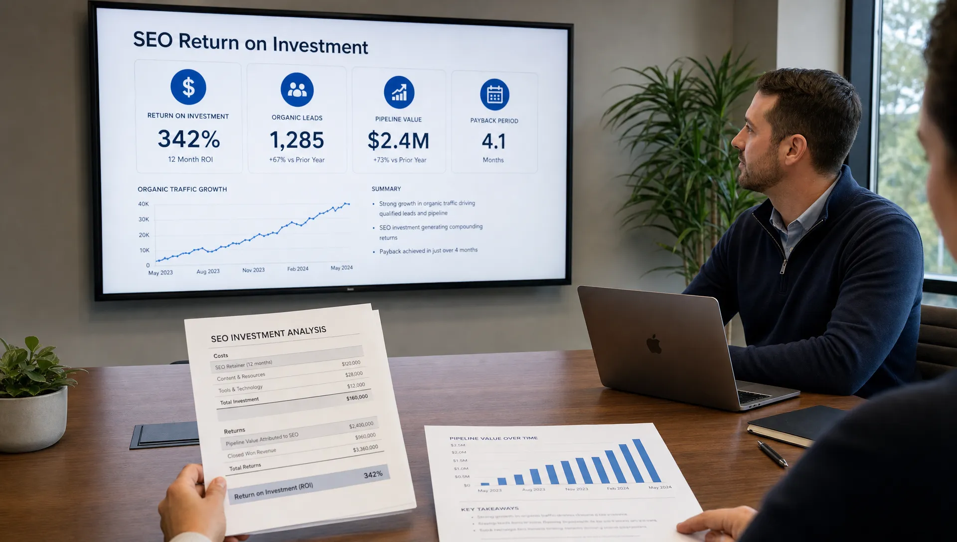 A conference room screen shows SEO return on investment, organic leads, pipeline value, and payback period beside printed financial notes.