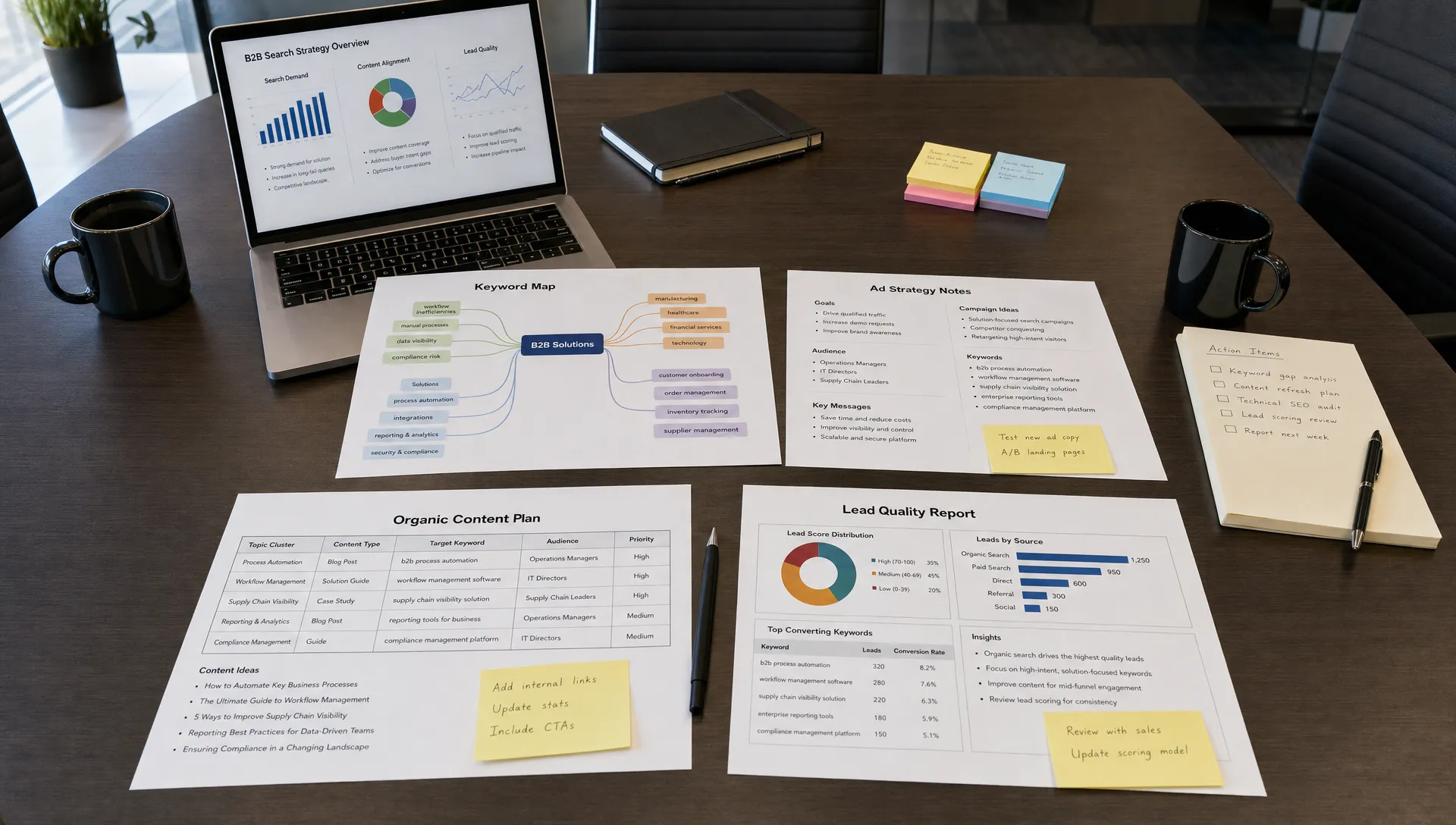 A conference room table holds keyword maps, ad notes, organic content plans, and lead quality reports for a B2B search strategy.