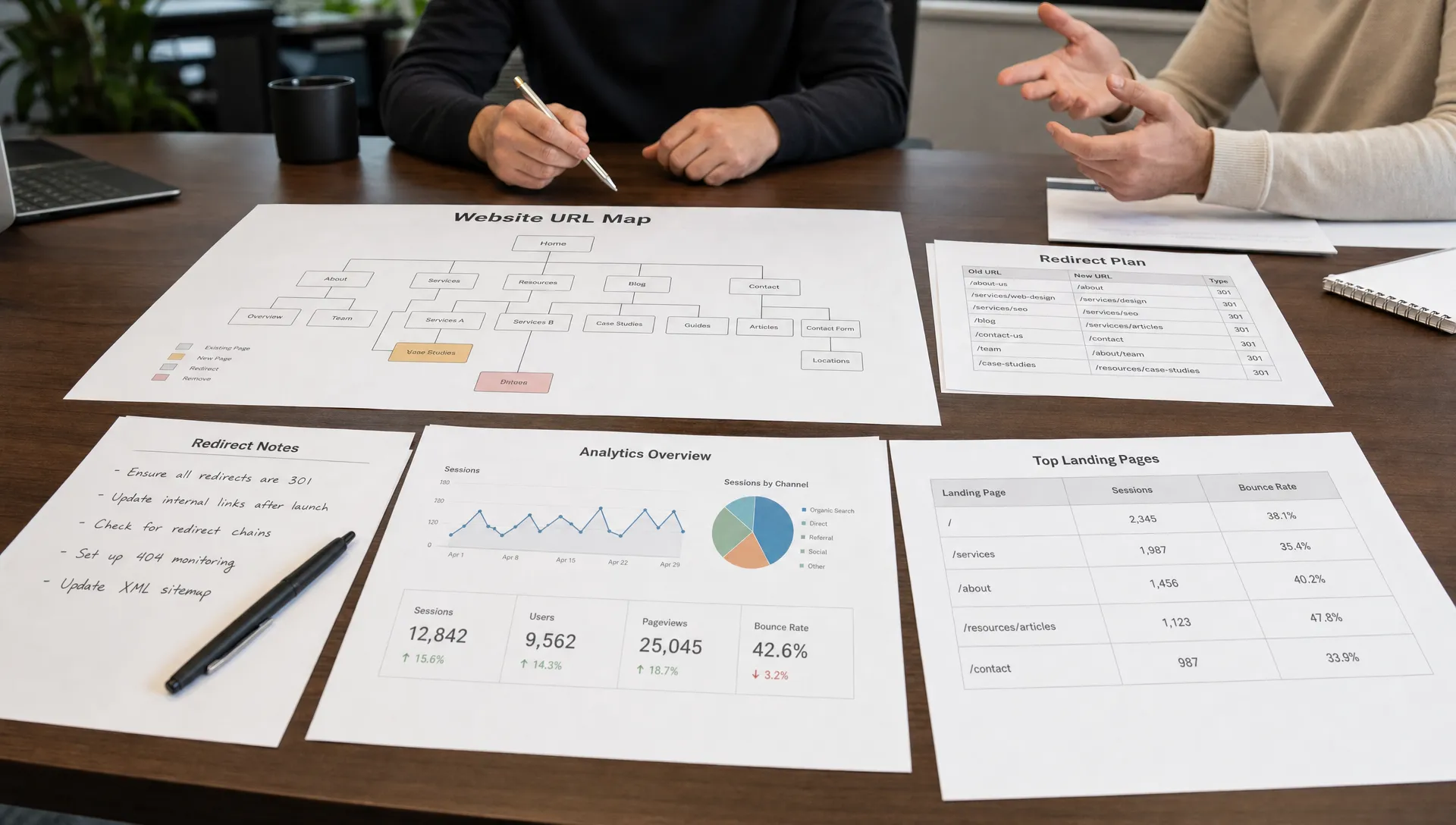 A conference table with printed URL maps, redirect notes, and analytics reports for a website redesign planning session.