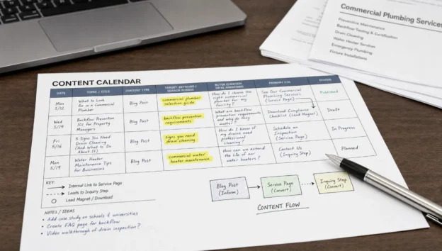A content calendar shows blog topics, search intent notes, and next-step links for B2B lead generation.
