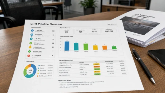 A CRM printout on a desk shows lifecycle stages, source tracking, and opportunity notes for demand generation.