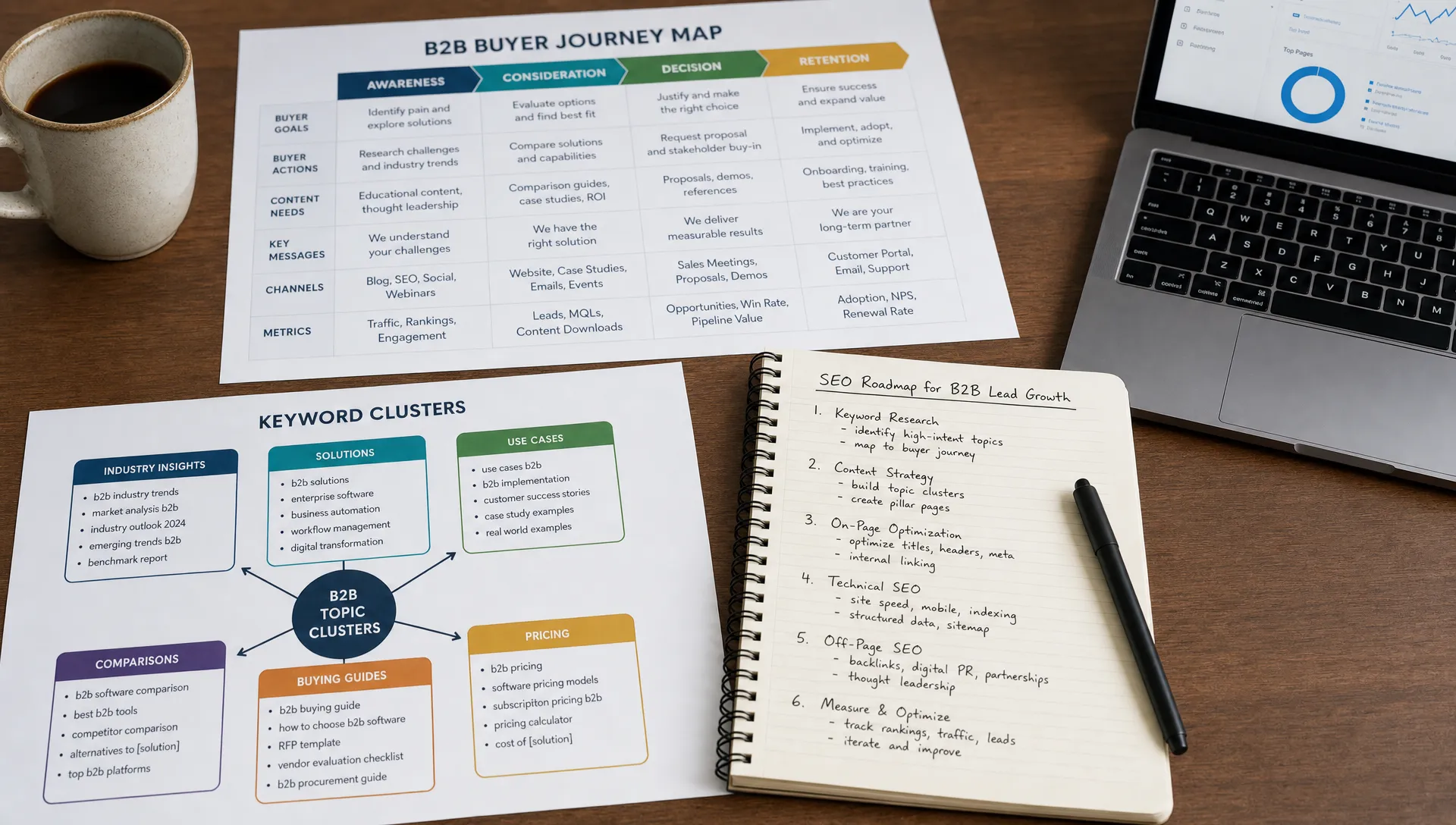 A desk holds printed buyer journey maps and keyword clusters beside notes on SEO search engine optimization steps for B2B lead growth.