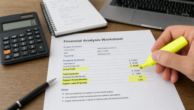 A financial worksheet with calculator and notes shows SEO ROI, gross profit, and payback period on a desk.