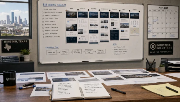 A Houston industrial marketing planning room shows page outlines, conversion notes, and a worktable for website checks.