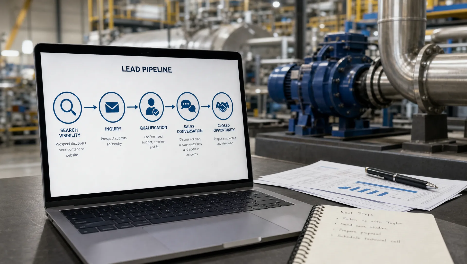 A lead pipeline runs from search visibility through inquiry, qualification, sales conversation, and closed opportunity beside factory equipment and business documents.