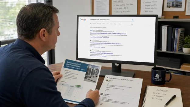 A manager compares search results, customer email, and a service brochure in an office.