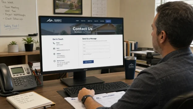 A manager reviews a website contact page beside quote request forms and a sales notebook in a small office.