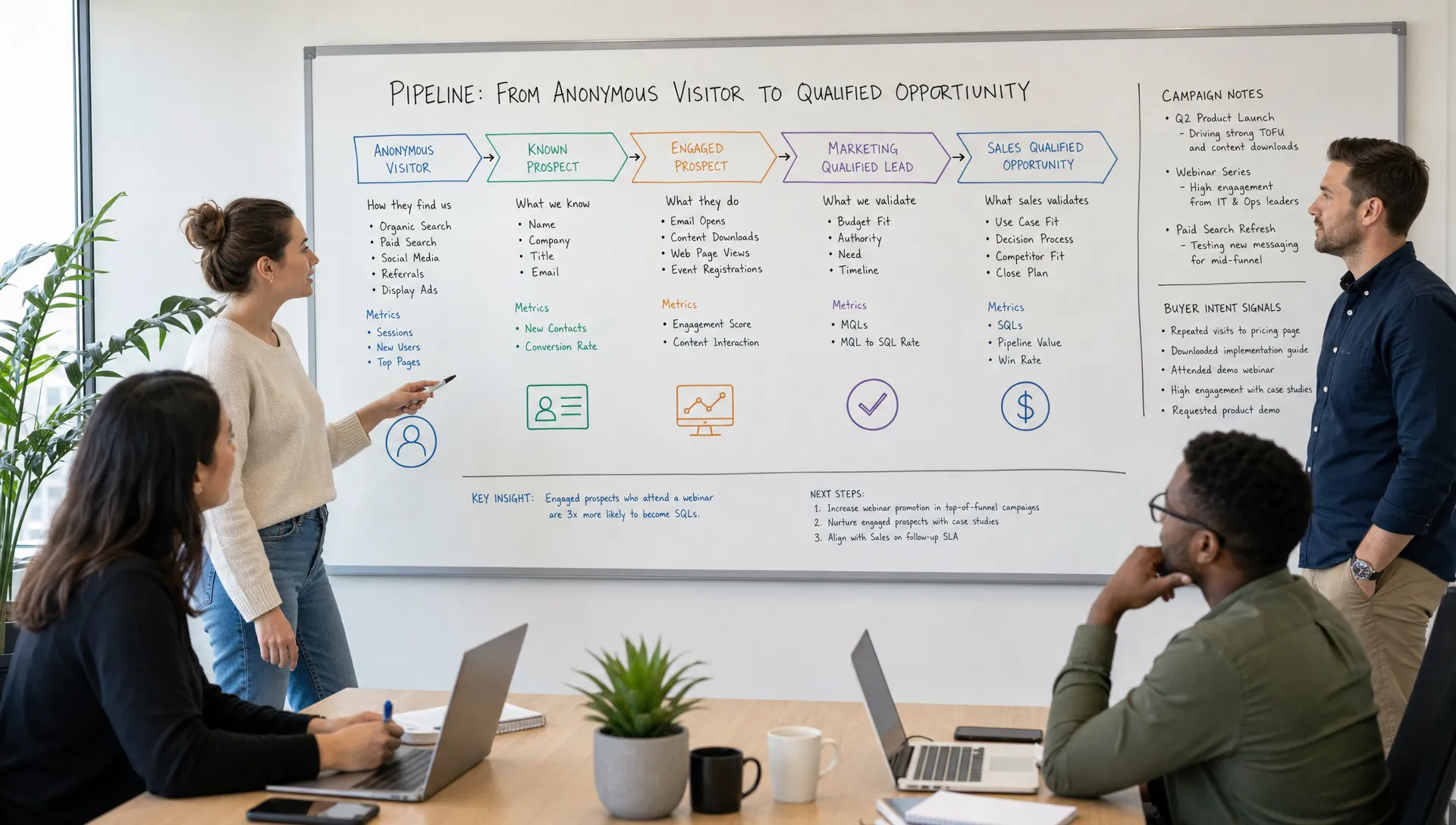 A marketing and sales team reviews pipeline stages from anonymous visitor to qualified sales opportunity, with campaign notes and buyer intent signals on the board.