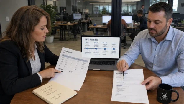 A marketing director and sales manager review SEM and SEO plans beside a quote request form in a conference room.