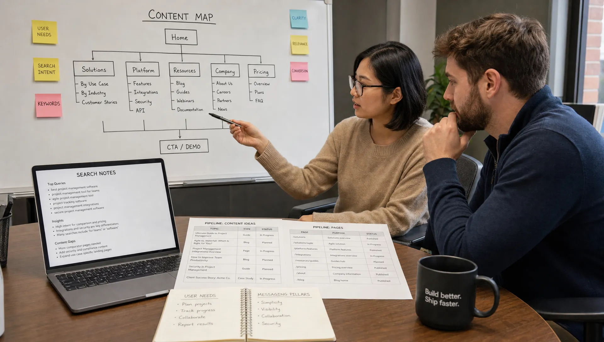 A marketing specialist and engineer review a content map beside search notes and pipeline pages in a working office.