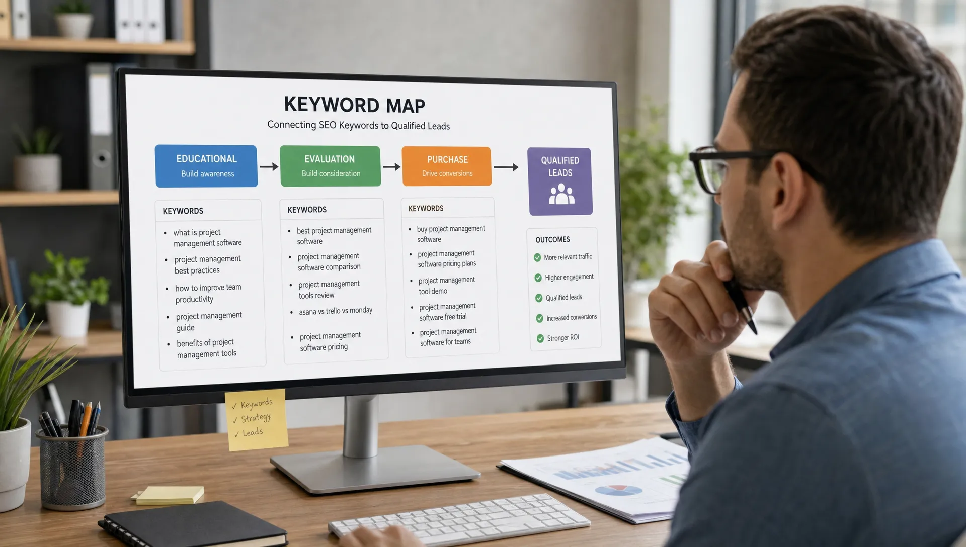 A marketing strategist reviews a keyword map with educational, evaluation, and purchase search categories that connect SEO key words to qualified leads.
