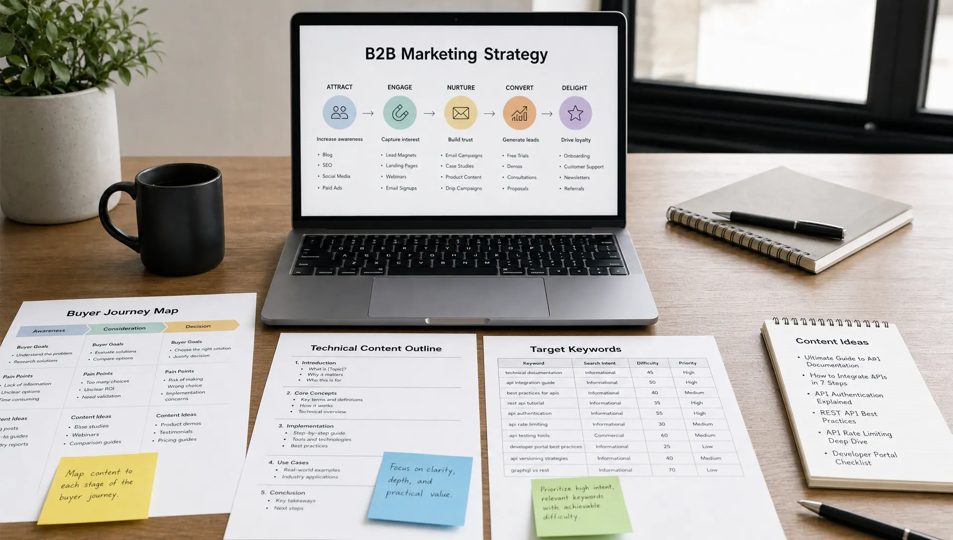 A marketing strategy workspace with printed buyer journey notes, technical content outlines, search keywords, and a laptop facing the camera.