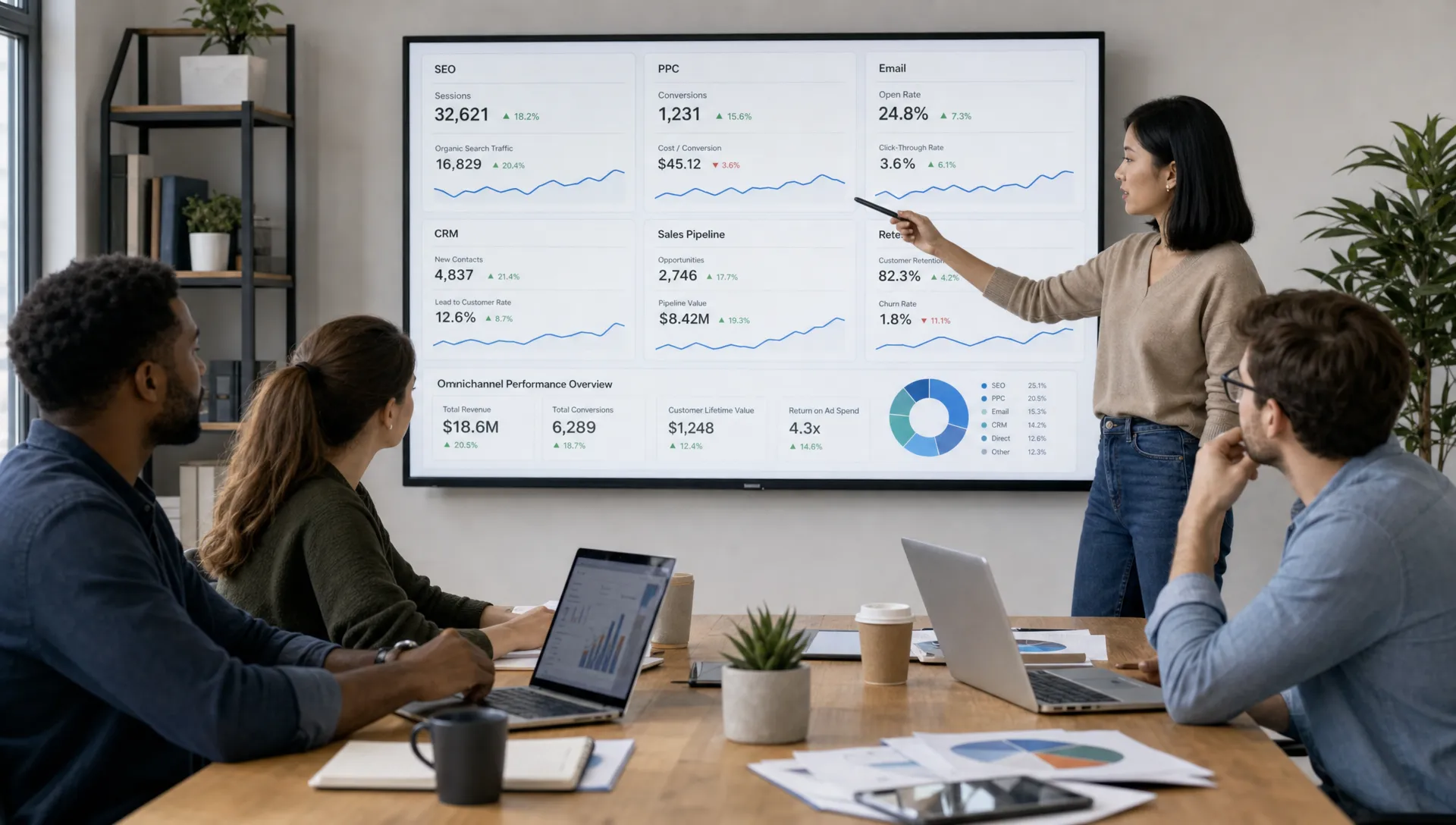 A marketing workspace shows reports for SEO, PPC, email, CRM, sales pipeline, and retention as the team measures omnichannel success.