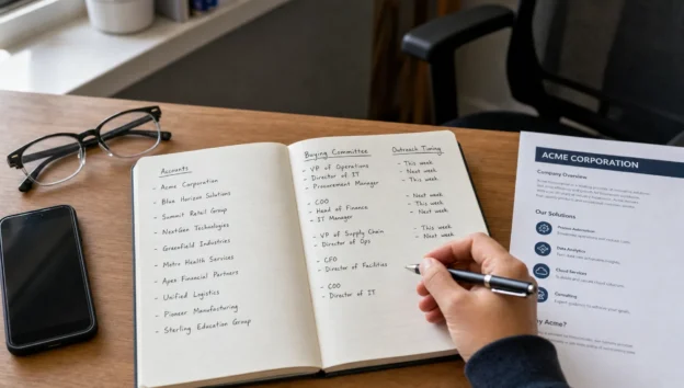 A notebook on a desk lists account names and buying committee roles for LinkedIn outreach.