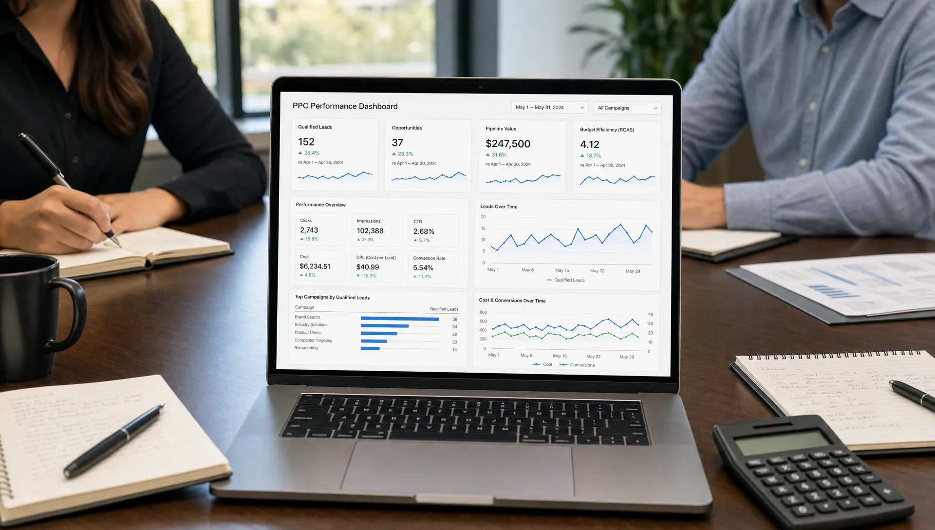 A PPC performance dashboard on a conference table shows qualified leads, opportunities, pipeline value, and budget efficiency beside notebooks and a calculator.