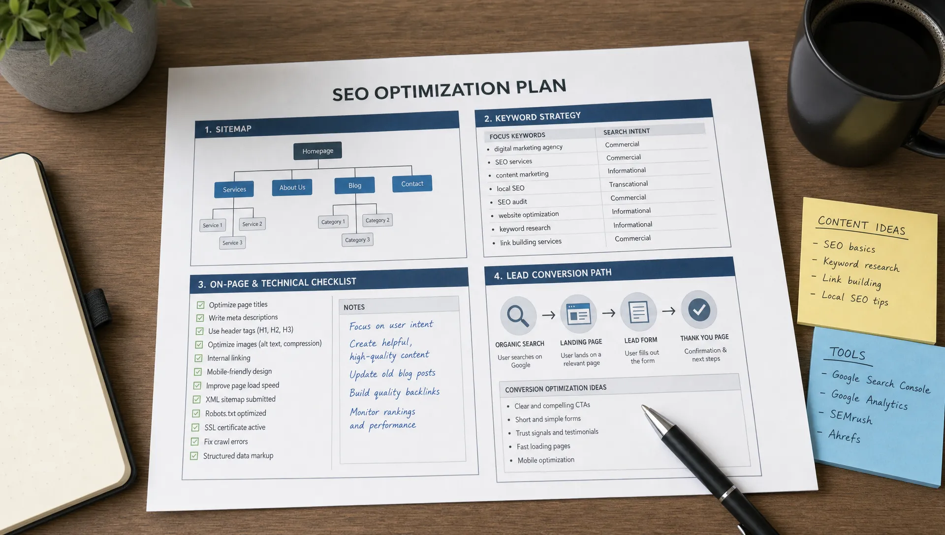 A printed SEO optimization plan on a desk with a sitemap, keyword notes, a performance checklist, and a lead conversion path arranged for review.