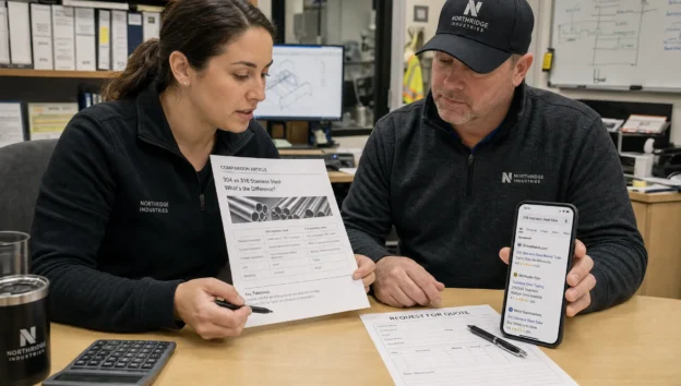 A procurement lead and project manager review a comparison article and quote form in an industrial office.