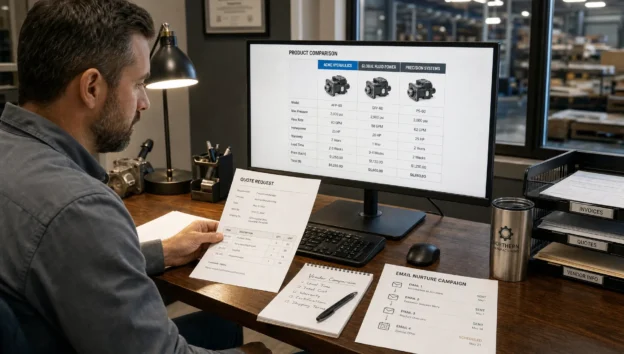 A procurement manager reviews quote requests, product pages, and email follow-up as part of omnichannel buying.