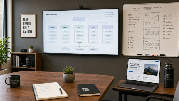A project room with a site map display and planning board for a website redesign and SEO launch.