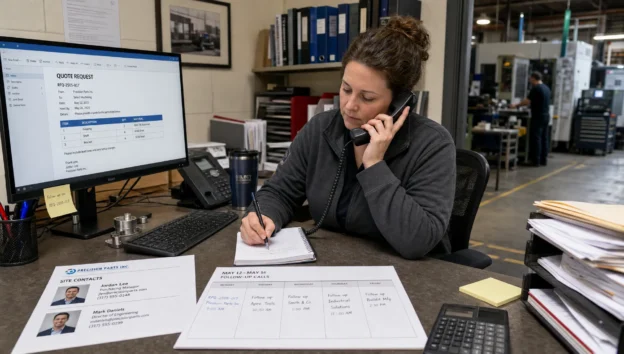 A purchasing coordinator takes a call beside a quote request and follow-up calendar in a shop office.