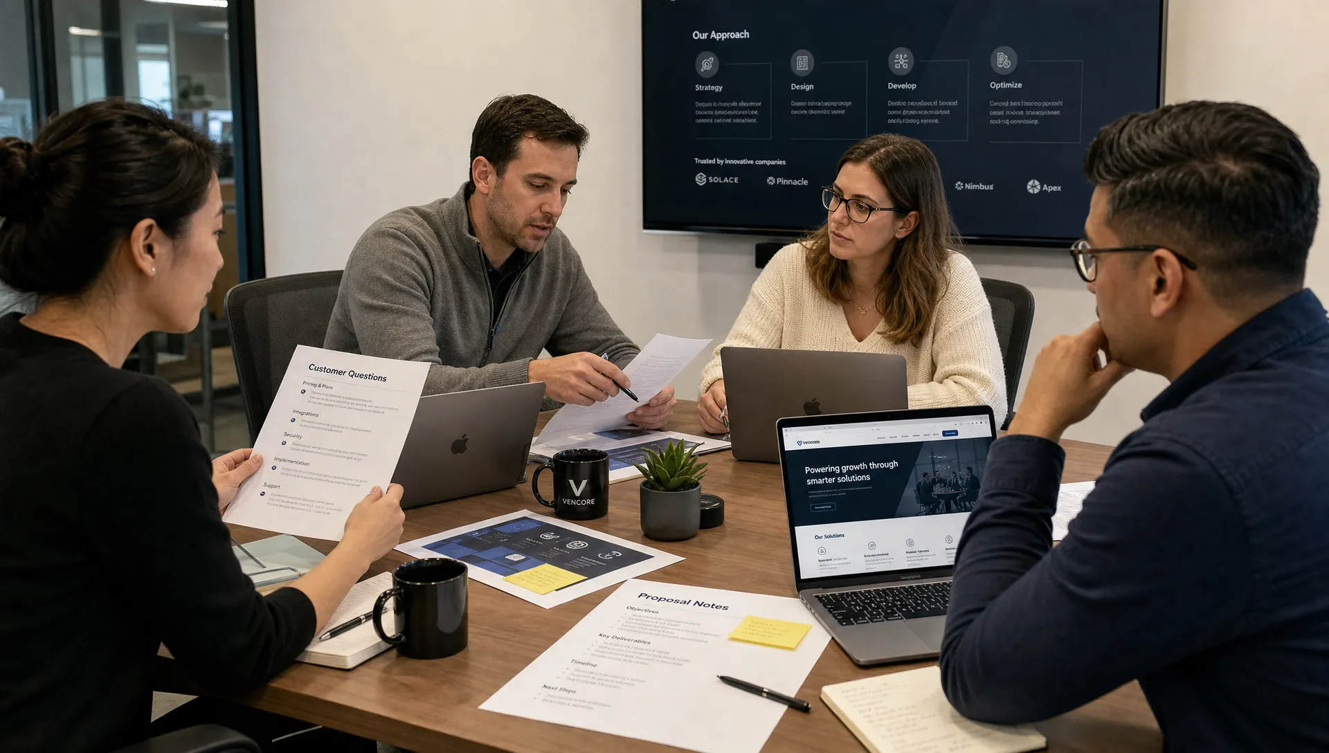 A sales and marketing team reviews customer questions, proposal notes and website drafts at a conference table with laptops and printed materials.