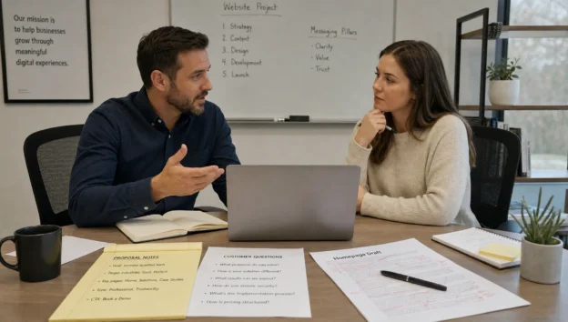 A sales lead and a website content writer review customer questions and page drafts at a conference table.