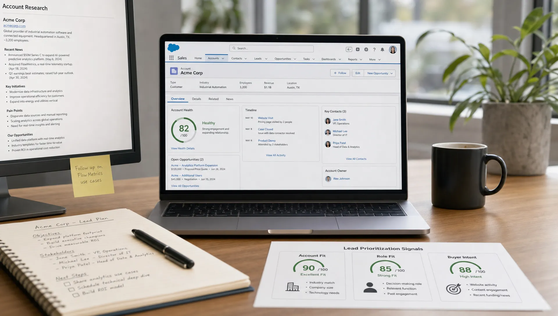 A sales operations workspace shows a CRM dashboard, account research notes, and lead prioritization signals for account fit, role fit, and buyer intent.