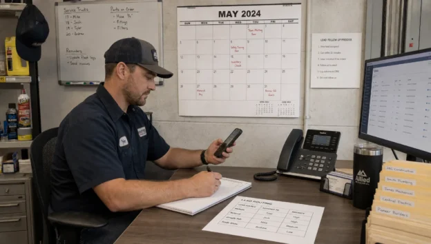 A sales rep checks contact records, a phone, and a calendar in an industrial office while prioritizing follow-up.
