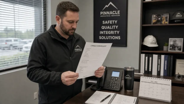 A sales rep reviews a consultation request form beside a phone, notebook, and calendar in the office.