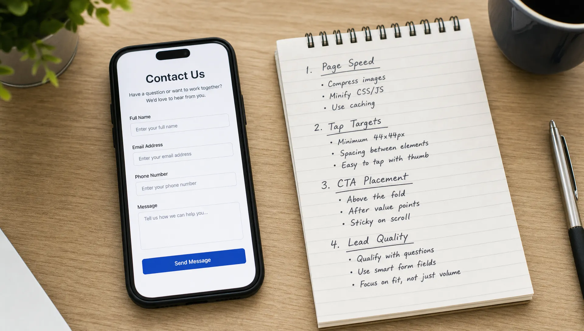 A smartphone showing a clear contact form sits beside notes on page speed, tap targets, CTA placement, and lead quality.