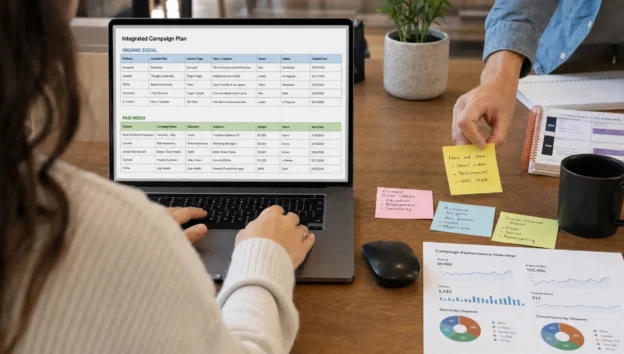 A strategist updates campaign notes and metrics while coordinating organic and paid marketing.