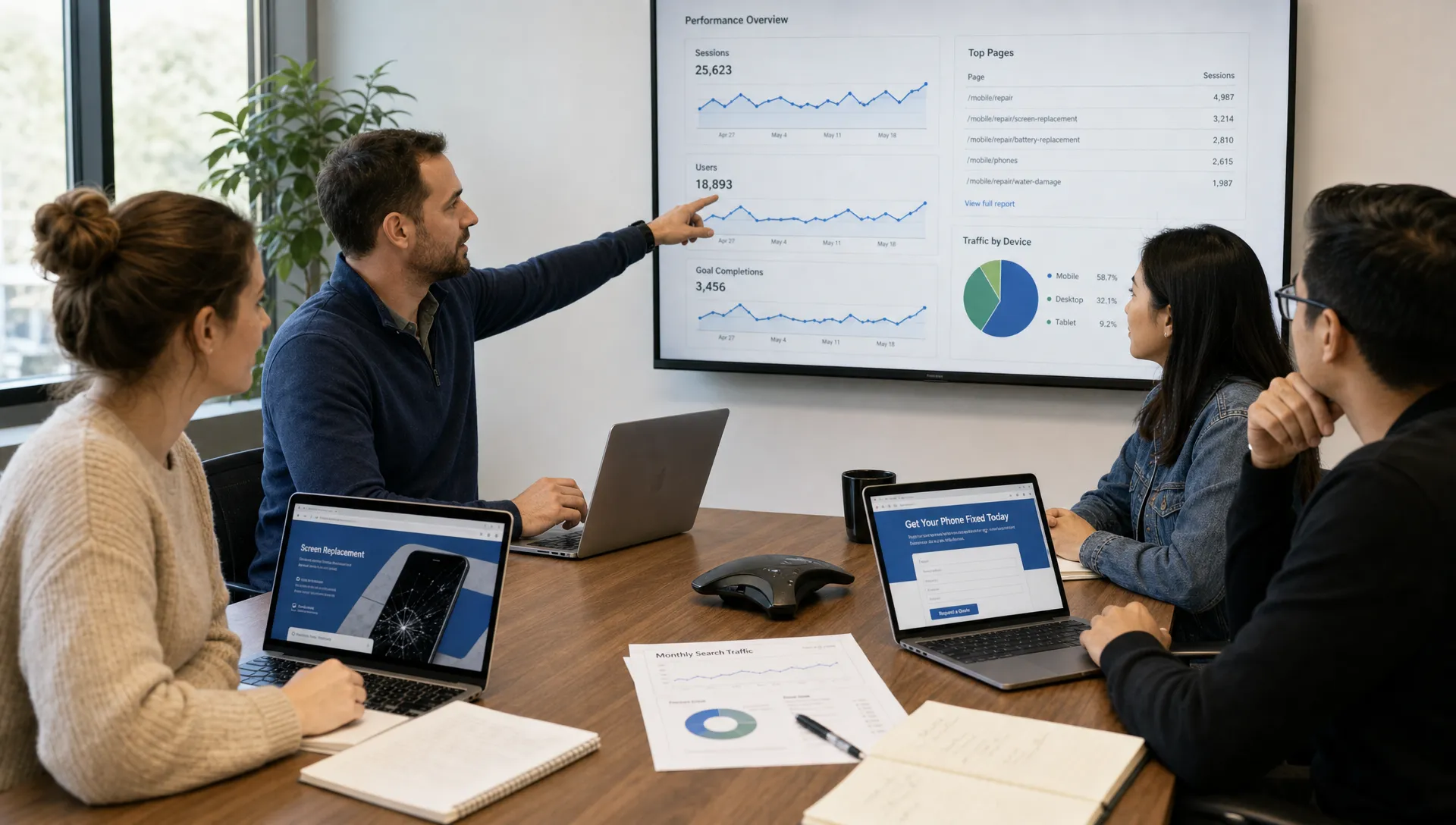 A team reviews mobile service pages, lead forms, and search traffic reports at a conference table.
