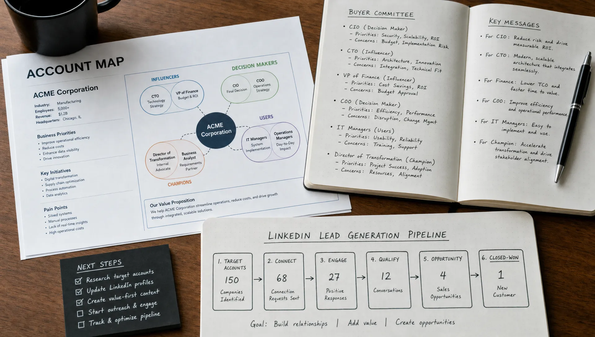 A workspace shows a printed account map, handwritten buyer committee notes and pipeline stages for LinkedIn lead generation.
