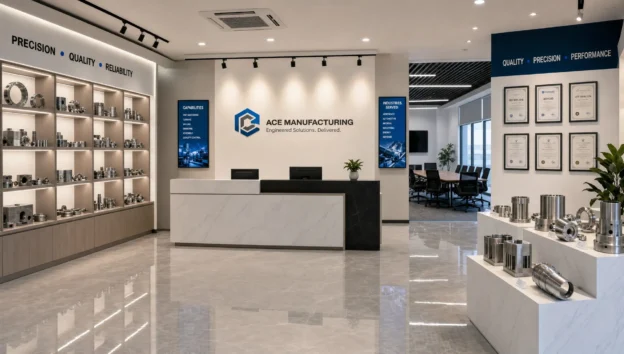 An industrial company showroom with product samples, certifications, and a meeting area for buyer visits.
