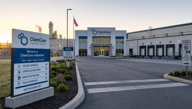 An industrial facility entrance connected to search visibility and inquiry routes, showing the place where serious buyers find a supplier.