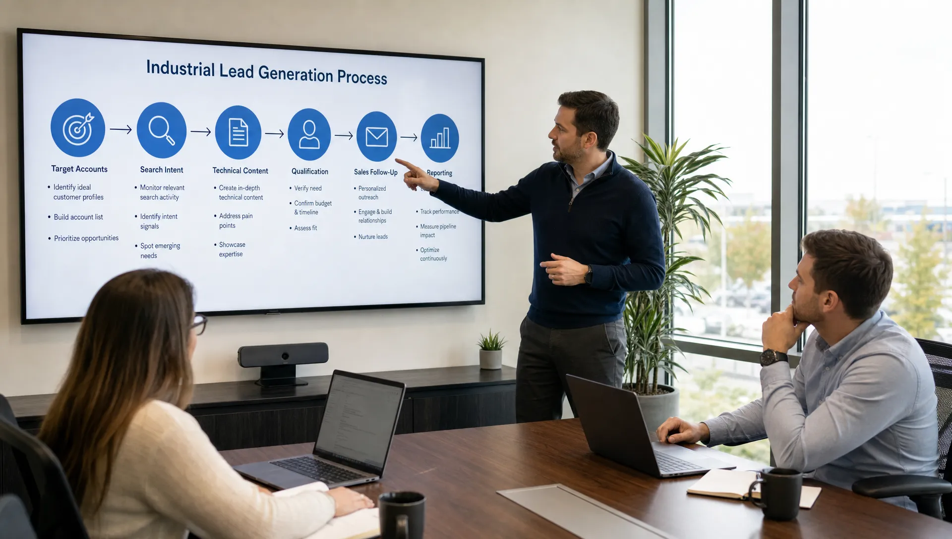An industrial lead generation process illustrated with target accounts, search intent, technical content, qualification, sales follow-up, and reporting in a real office setting.