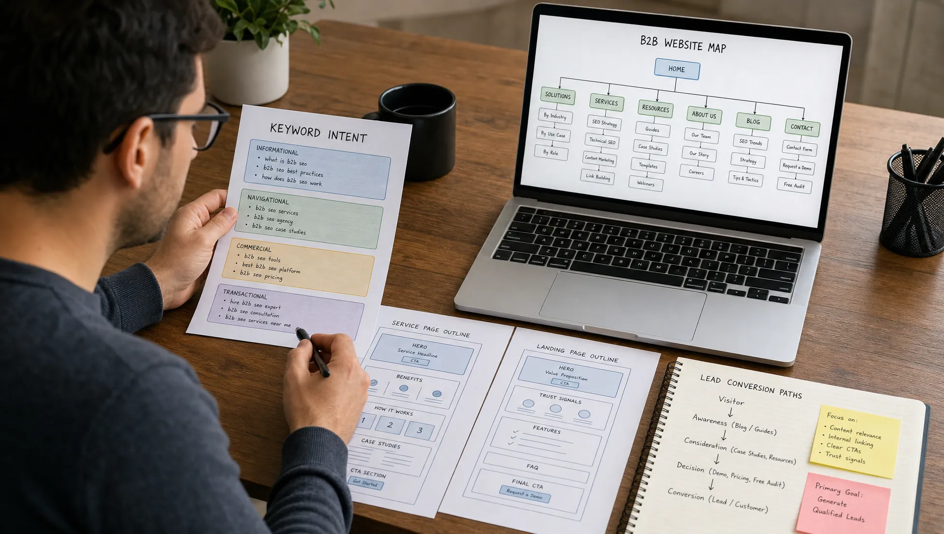 An SEO specialist reviews a B2B website map, keyword intent notes, and lead conversion paths with a laptop and printed page outlines on a desk.