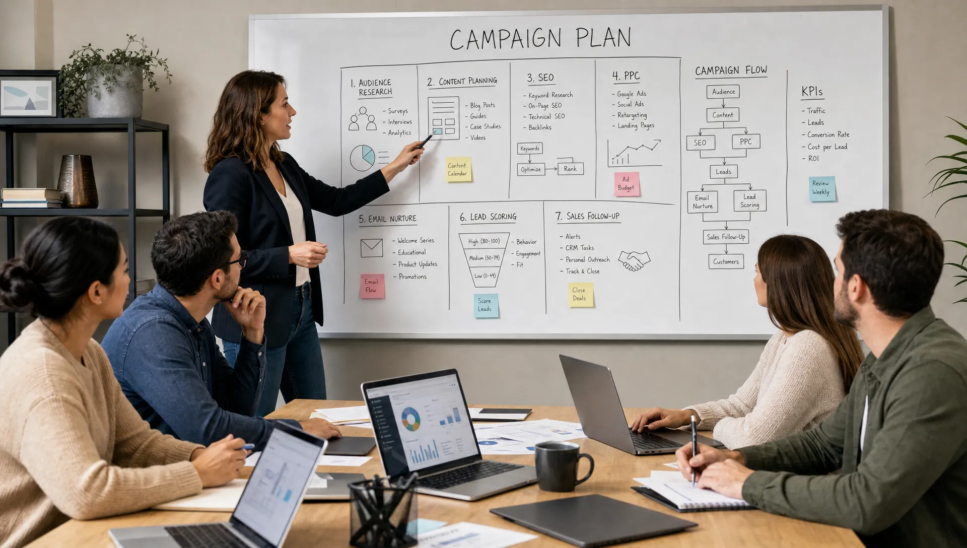 Audience research, content planning, SEO, PPC, email nurture, lead scoring, and sales follow-up appear together in a campaign planning room.