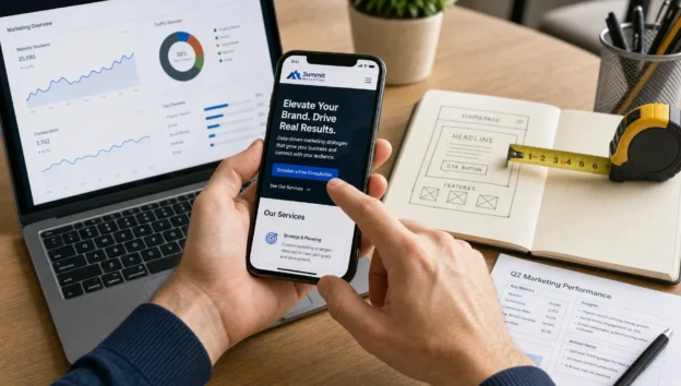 Hands review a mobile service page and analytics notes during a mobile site optimization check.