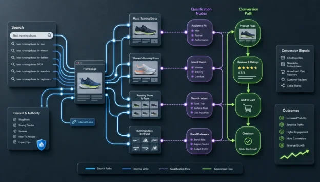 Intersecting search paths and conversion markers form a network for website optimization and leads.